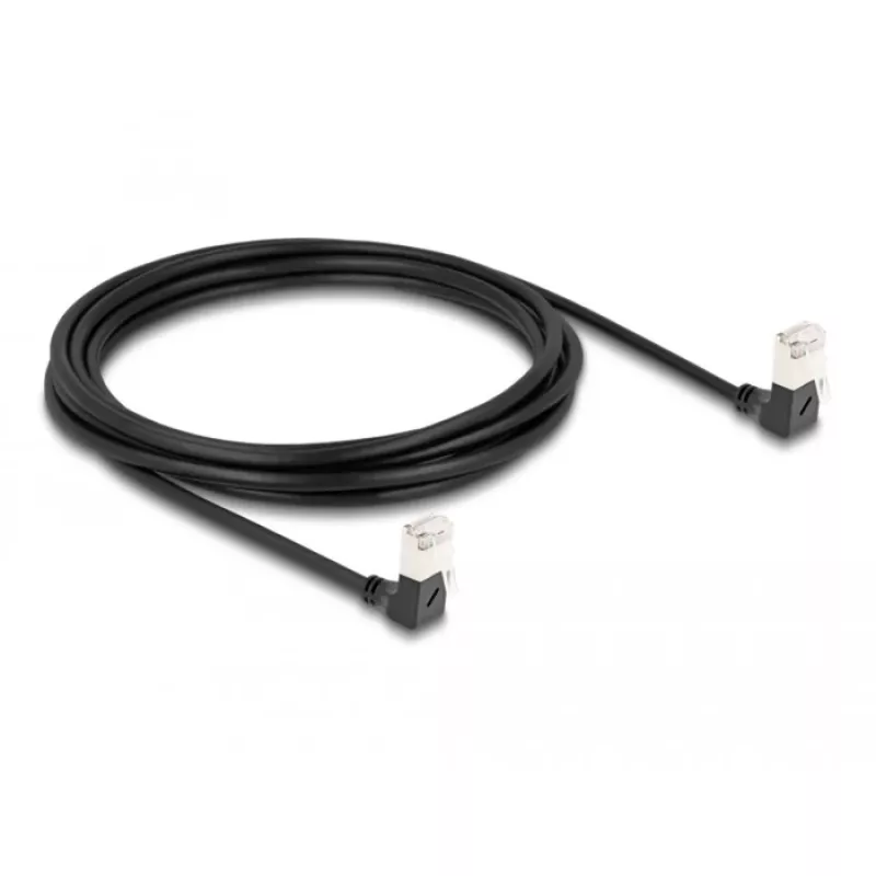 DeLOCK RJ45 tinklo kabelis Cat.6A S/FTP plonas 90° žemyn 3 m juodas