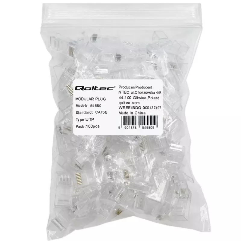 Modulinė RJ45 jungtis QOLTEC 54550 CAT5e UTP, pakuotė po 100 vnt.