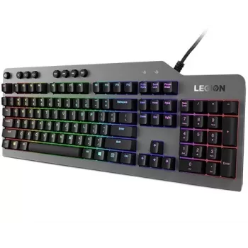 Mechaninė žaidimų klaviatūra „Lenovo Legion K500“ — pilno dydžio 104 klavišų USB, QWERTY JAV anglų k., RGB apšvietimas, pilka / juoda