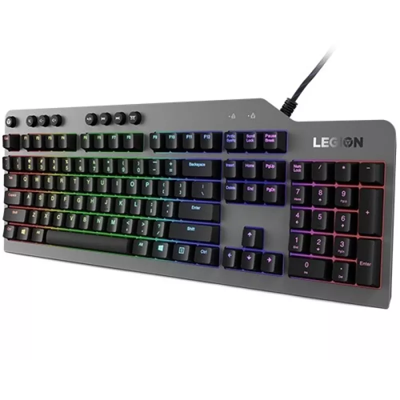 Mechaninė žaidimų klaviatūra „Lenovo Legion K500“ — pilno dydžio 104 klavišų USB, QWERTY JAV anglų k., RGB apšvietimas, pilka / juoda
