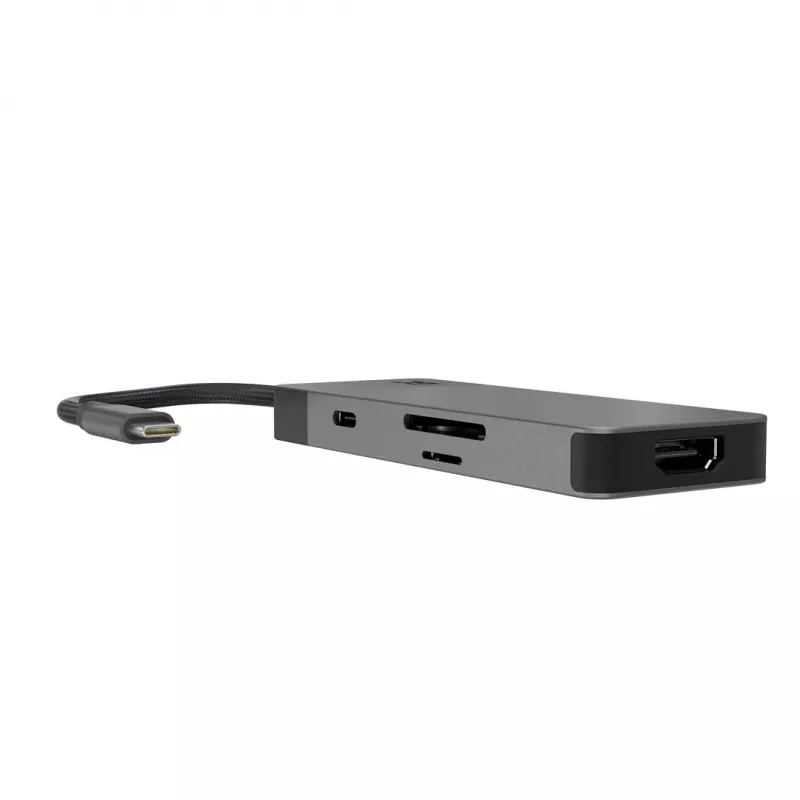 USB Type‑C šakotuvas Green Cell HUBGC01 — 7 prievadai: 3×USB‑A 3.2 Gen 1, 1×USB‑C 3.2 Gen 1, HDMI, microSD+SD kortelių skaitytuvas — sidabrinis