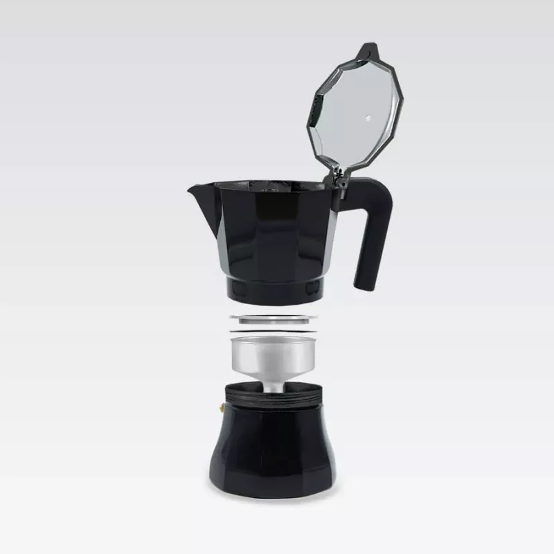 Moka puodas Maestro MR-1658-3 — aliuminis viryklės kavos virimo aparatas, 3 puodeliai (0,15 l), juodas, atlenkiamas dangtis