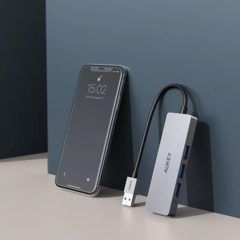 USB šakotuvas Aukey CB-H36 — 4 prievadų USB 3.2 Gen 1 Type-A, prieglobos USB 2.0, 5000 Mbit/s, aliuminis sidabrinis