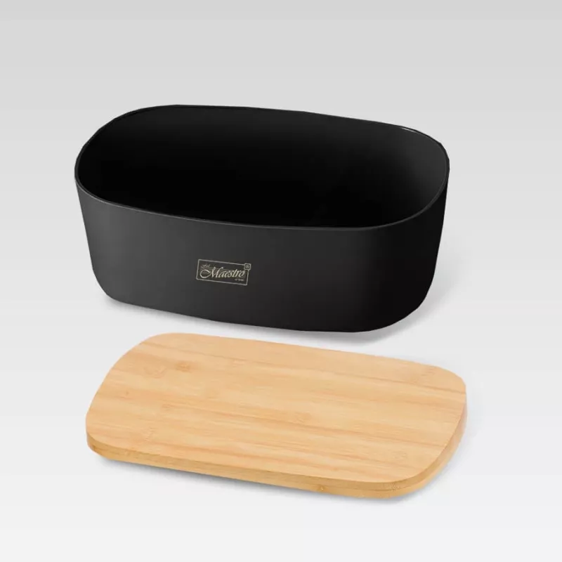 „Breadbox Maestro MR-1776-Juoda“ stalviršio duonos dėžė, plastikinis korpusas su mediniu dangčiu, 345×235×130 mm