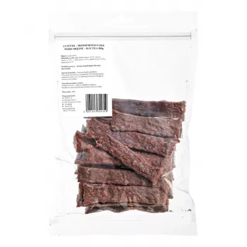 Skanėstas PETITTO Monoprotein Meat Strips Antiena 400 g — vieno baltymo treniruočių užkandis šunims, baltymų 47,3%, riebalų 23,4%