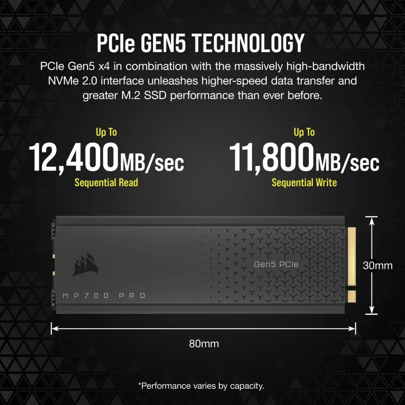 CORSAIR MP700 PRO - SSD - 1TB - vidinis - M.2 2280 - PCI Express 5,0 x4 (NVMe) - 256-Bit-AES (CSSD-F1000GBMP700PRO)
