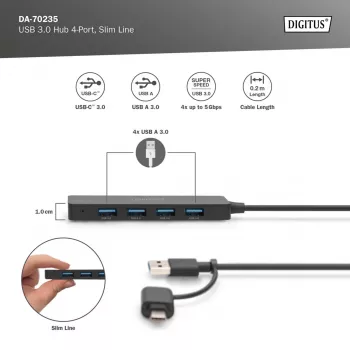 USB Hub, Digitus, DA-70235, 4 prievadų, USB 3.2 Gen 1, A tipo ir C tipo, 12000 Mbit/s