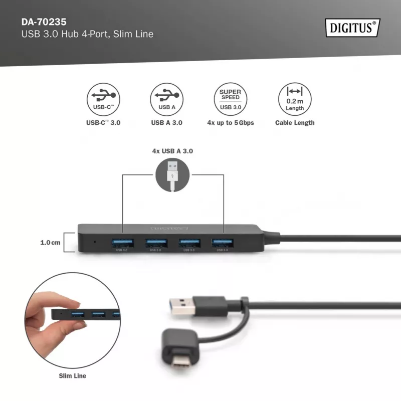 USB Hub, Digitus, DA-70235, 4 prievadų, USB 3.2 Gen 1, A tipo ir C tipo, 12000 Mbit/s