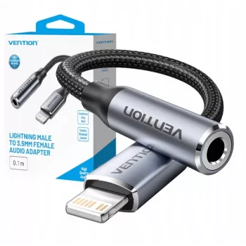 Garso adapteris Vention Lightning į 3,5 mm BMBHA, laidinis Lightning į 3,5 mm adapteris su 0,1 m kabeliu, pilkas