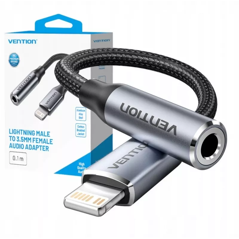 Garso adapteris Vention Lightning į 3,5 mm BMBHA, laidinis Lightning į 3,5 mm adapteris su 0,1 m kabeliu, pilkas