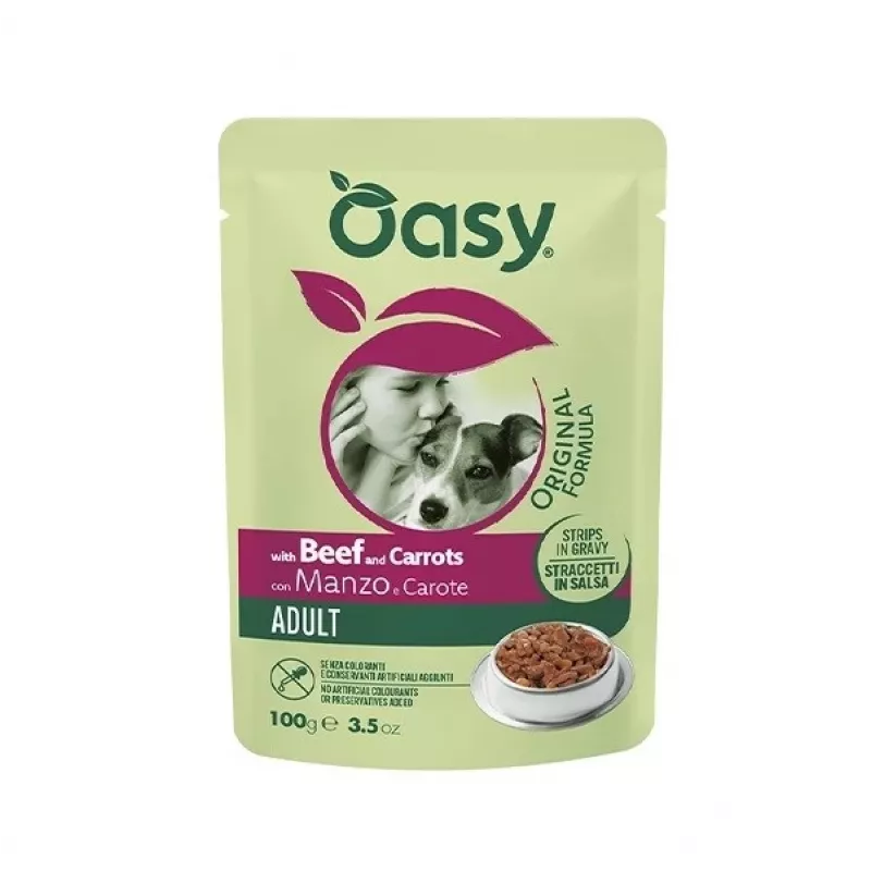 Oasy juostelės padaže suaugusiems šunims su jautiena ir morkomis 100 g