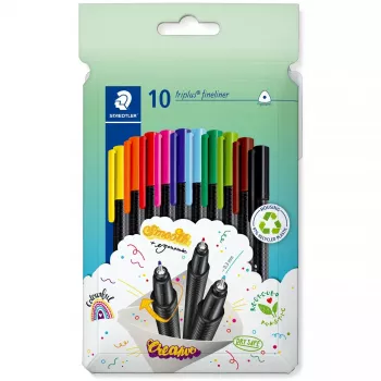 Smulkūs rašikliai „Staedtler 334 C10“, itin smulkus 0,3 mm antgalis, 10 spalvų (juoda, mėlyna, ruda, žalia, šviesiai mėlyna, šviesiai žalia, oranžinė, rožinė, raudona, geltona)