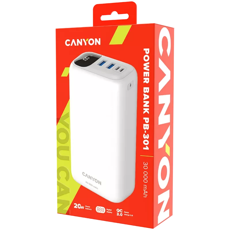 CANYON PB-301 LED 30000 mAh PD 20W QC 3.0 balta spalva