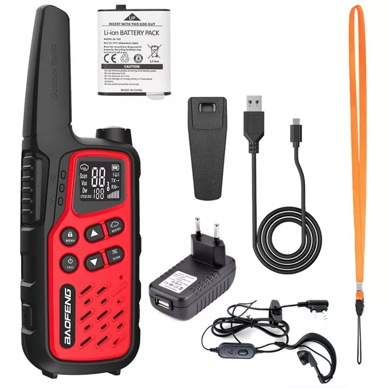 Nešiojamas racija Baofeng BF-T25E — 16 kanalų, 0,5 W, Li-Ion 1400 mAh, 2 vnt. rinkinys (raudona)