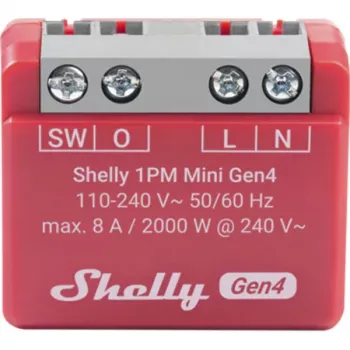 Išmanusis jungiklis „Shelly 1PM Mini Gen4“, belaidis 110–240 V kintamosios srovės, maks. 8 A / 2000 W, plastikinis korpusas 34×16×29 mm