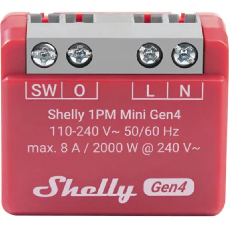Išmanusis jungiklis „Shelly 1PM Mini Gen4“, belaidis 110–240 V kintamosios srovės, maks. 8 A / 2000 W, plastikinis korpusas 34×16×29 mm