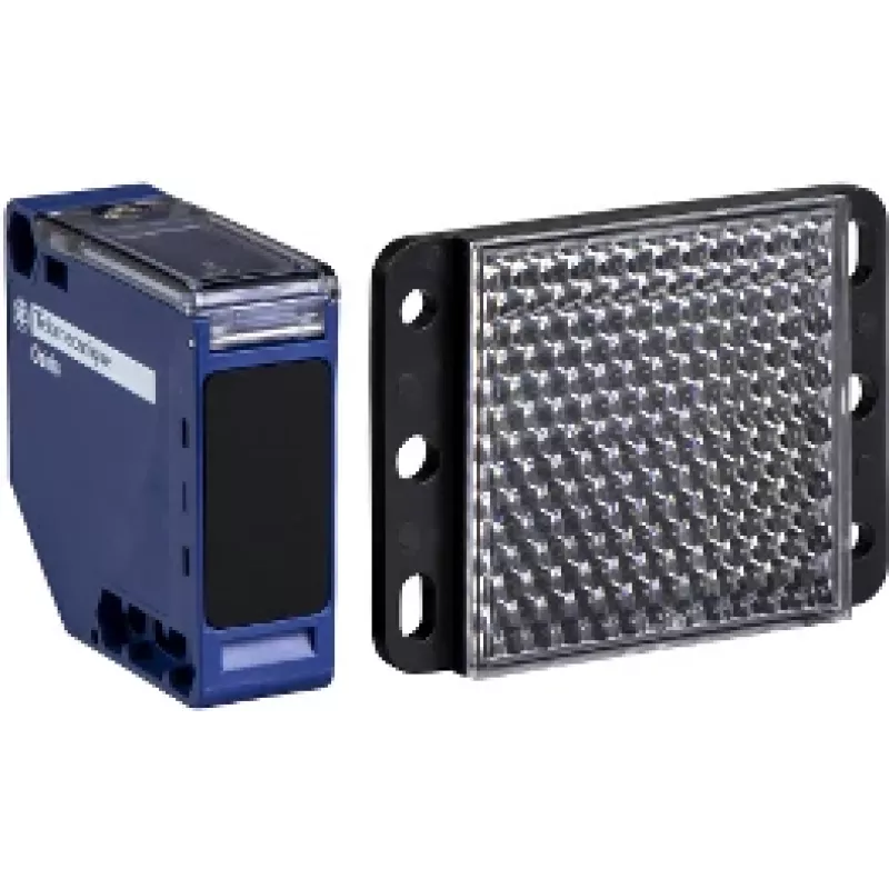 Fotoelektrinis jutiklis APC XUK1ARCNL2H61 — mėlynas plastikinis korpusas, 0–7 m diapazonas, 24–240 V kintamosios srovės įvestis, 250 V išvestis, 50×50×18 mm
