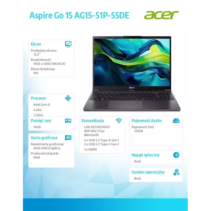 Nešiojamas kompiuteris Aspire Go 15 AG15-51P-55DE i5-1334U 15.3 WUXGA, 16GB, 512GB SSD, be OS