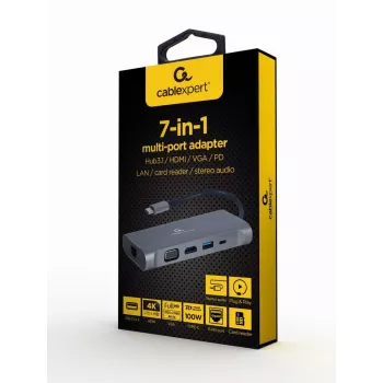 Gembird A-CM-COMBO7-01 nešiojamojo kompiuterio dokas / prievadų replikatorius USB 3.2 Gen 1 Type-A pilkas