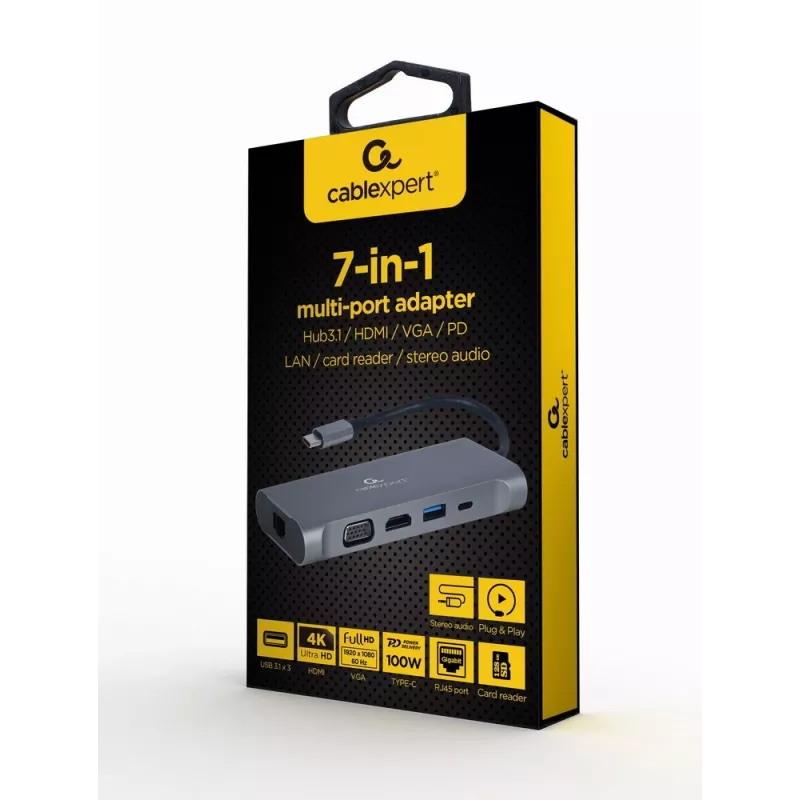 Gembird A-CM-COMBO7-01 nešiojamojo kompiuterio dokas / prievadų replikatorius USB 3.2 Gen 1 Type-A pilkas