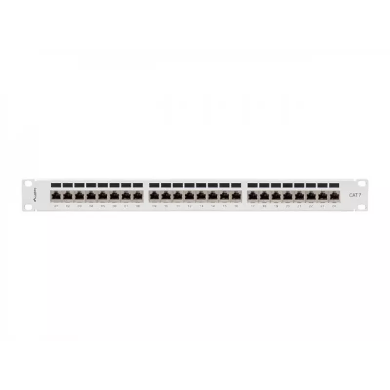 Patch panel 1U LANBERG PPS7-1024-S — 24 prievadų, Cat7, F/UTP, metalinis, 1U (445×102×44,5 mm)