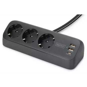 Maitinimo šakotuvas DIGITUS 3 lizdų su 2×USB-A ir 1×USB-C, 3 kintamosios srovės lizdai Tipas E/F, 1,5 m laidas, juodas