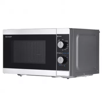 Kombinuota mikrobangų krosnelė Sharp YC-MG01E-S — 20 l, 800 W mikrobangų, 1000 W grilis, 5 galios lygiai, sukamoji valdymo rankenėlė, 25,5 cm sukamoji lėkštė