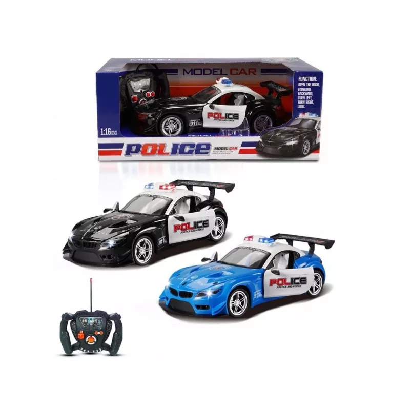 Madej R/C policijos automobilis su šviesomis ir atidaromomis durimis — nuotoliniu būdu valdomas modelis