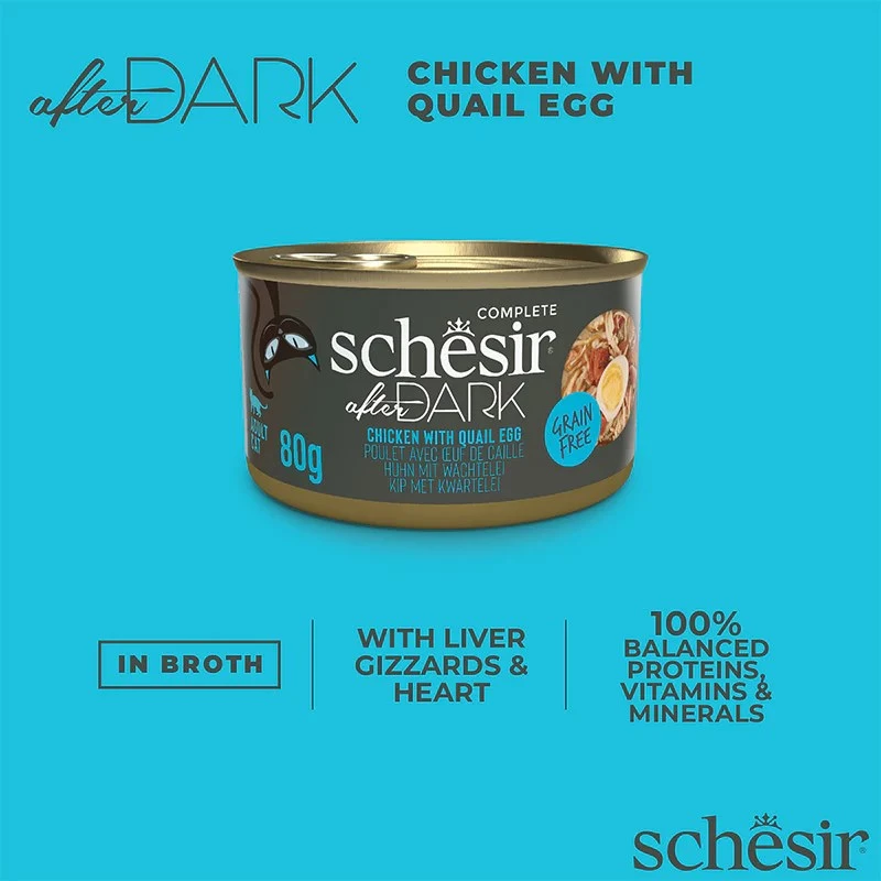 Šlapias kačių maistas Agras Pet Foods Schesir after Dark Complete Brühe 80 g — vištiena, be glitimo, suaugusioms katėms