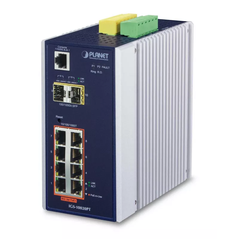 PLANET IGS-10020PT - Switch - managed - 8 x 10/100/1000 (PoE) + 2 x Gigabit SFP - DIN rail mountable, wall-mountable - PoE (130 W) - DC (IGS-10020PT)