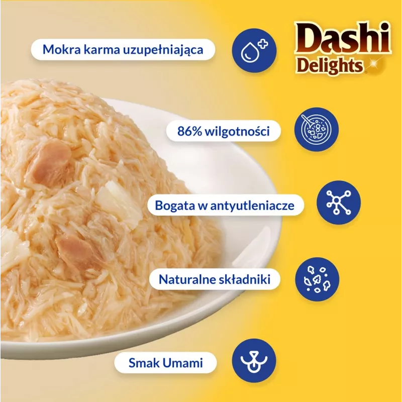 Šlapias kačių skanėstas INABA Dashi Delights Delicate Flakes Chicken 40 g — dietinis, 86% drėgmės, 12% baltymų