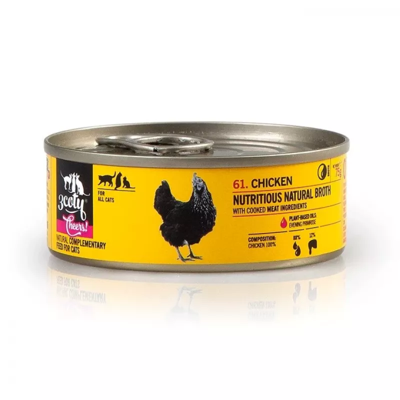 Šlapias kačių maistas 3coty Chicken Cheers 75 g — visavertis suaugusių kačių šlapias maistas, vienos porcijos pakelis, 12 % baltymų, 7,5 % riebalų, 80 % drėgmės