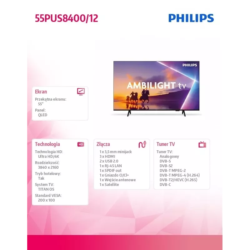 Televizorius Philips 55PUS8400/12 QLED 55 colių, energijos klasė E