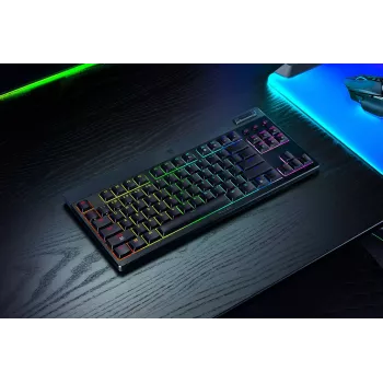 Razer JuodaWidow V4 Low-Profile Tenkeyless HyperSpeed klaviatūra, skirta žaidimams, USB, RF belaidė, Bluetooth, QWERTY, US International, juoda