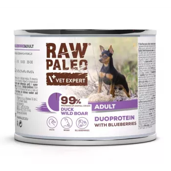 Šlapias šunų maistas VETEXPERT RAW PALEO Duoprotein Duck & Boar suaugusiems šunims 200 g — konservuotas šlapias maistas, 78 % drėgmės, 8 % baltymų, be glitimo ir sojos