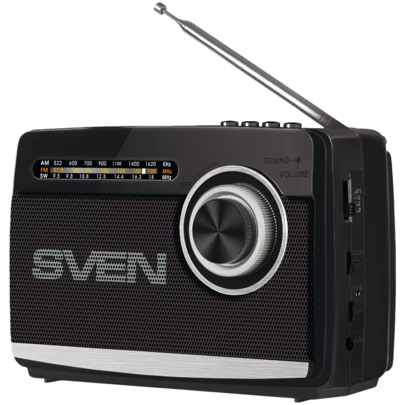 Garsiakalbis SVEN SRP-155, juodas (3W, Bluetooth, FM/AM/SW, USB, microSD, žibintuvėlis, baterija)