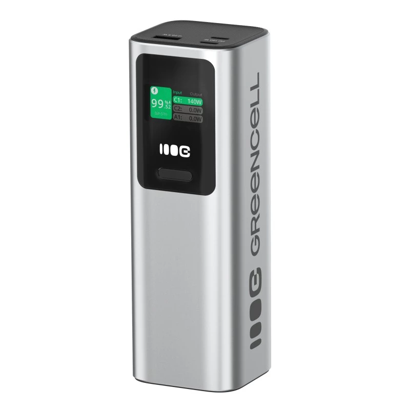 Nešiojama baterija Green Cell PBGC25UD, 25200 mAh, Li‑Ion, 140 W bendra galia, 2× USB‑C + 1× USB‑A, OLED ekranas, aliuminis korpusas