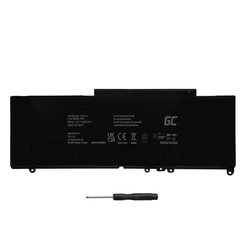 Baterija Green Cell DE102V3, skirta DELL Latitude E5250 E5450 E5550, 7.6V 6200mAh LiPo, juoda