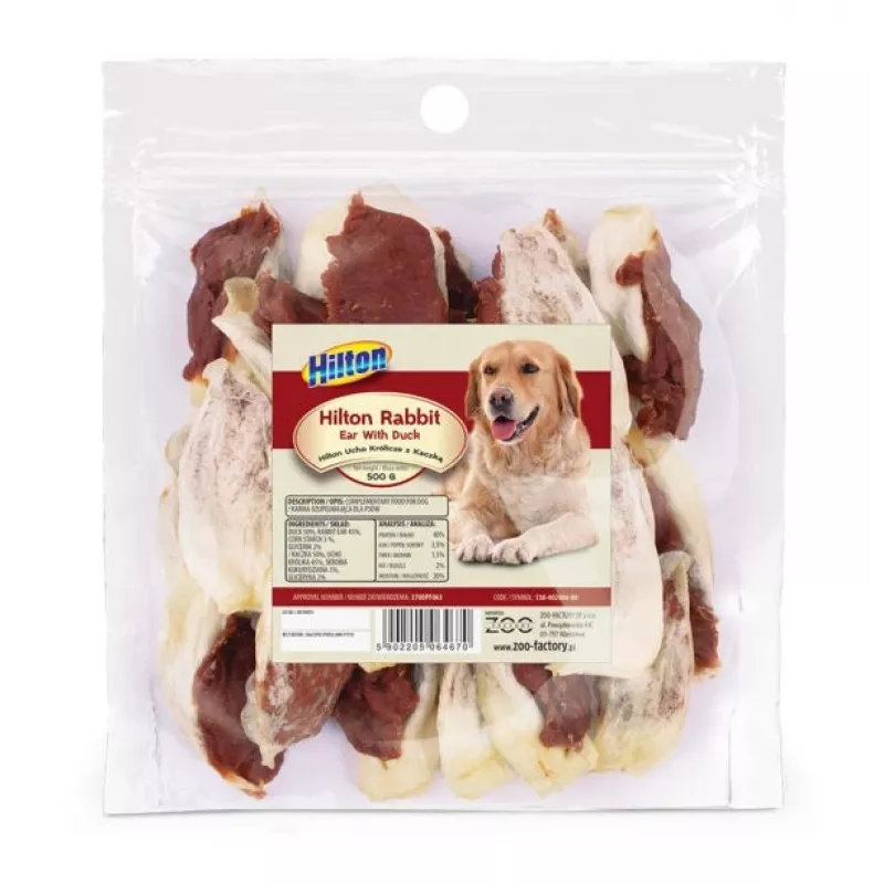 Šunų kramtalas Hilton Rabbit Ear with Duck — natūralus anties skonio kramtalas, 500 g pakuotė