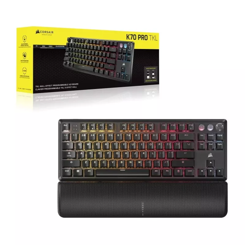 Mechaninė be skaitmeninės dalies klaviatūra CORSAIR K70 PRO TKL — RGB foninis apšvietimas, kompaktiškas išdėstymas