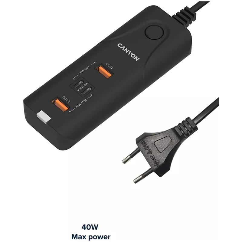 CANYON įkroviklis H-10 PD 20W QC 3.0 18W 2USB-A 2USB-C stalinis juodas