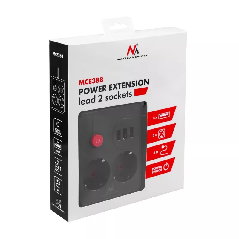 Kištukinis lizdas MACLEAN MCE388 B — 2 kintamosios srovės lizdai, 3×USB A, 110–120V 50/60Hz, 2500W, 3 m laidas, juodas