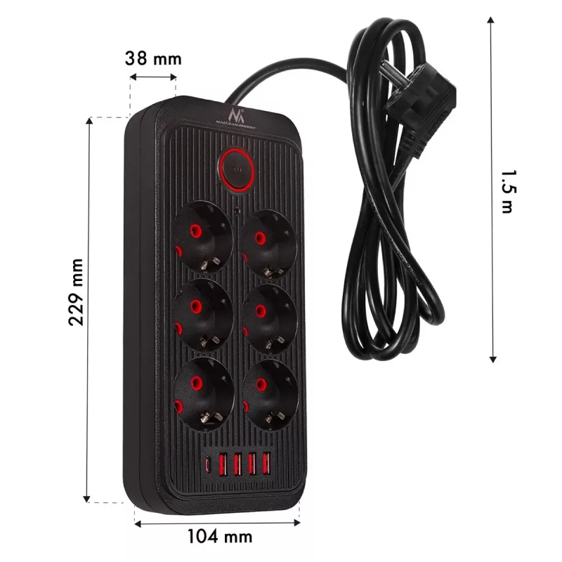 Maitinimo lizdų blokas MACLEAN MCE389 B — 6 lizdai, 4×USB-A + 1×USB-C, 110–240V, 2.1A, 2500W, 1.5 m laidas, juodas