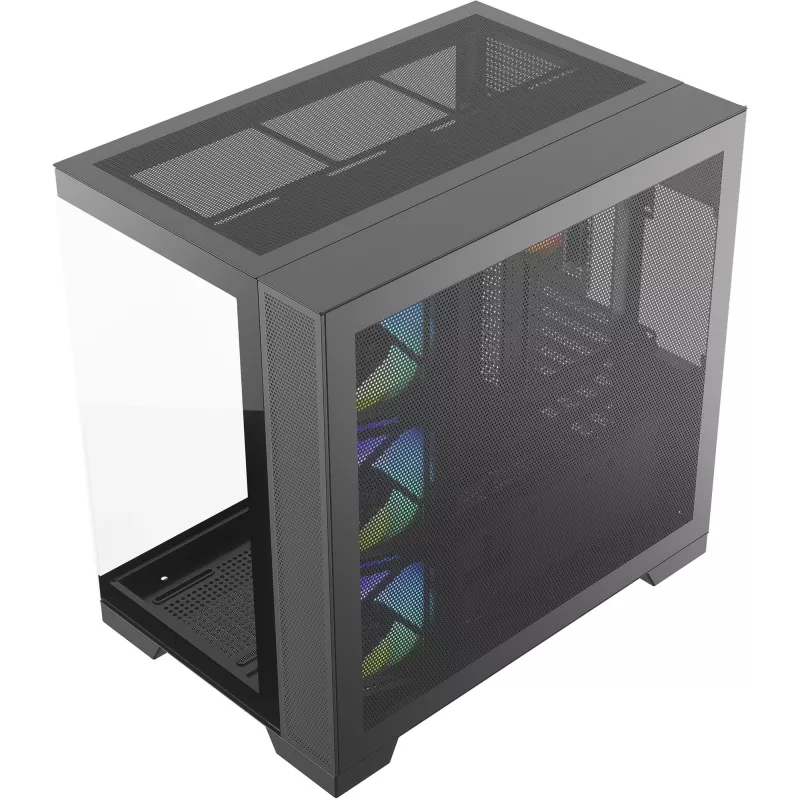 Silentware View A-RGB Juoda PC korpusas VIEWJuoda — vidutinio dydžio bokšto korpusas su A-RGB apšvietimu