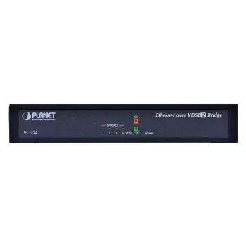 Tinklo tiltas PLANET VC-234 valdomas 4 prievadų Fast Ethernet (10/100) montuojamas į stovą 1U, nuolatinės srovės įvestis, 0,8 Gbit/s komutavimo pajėgumas