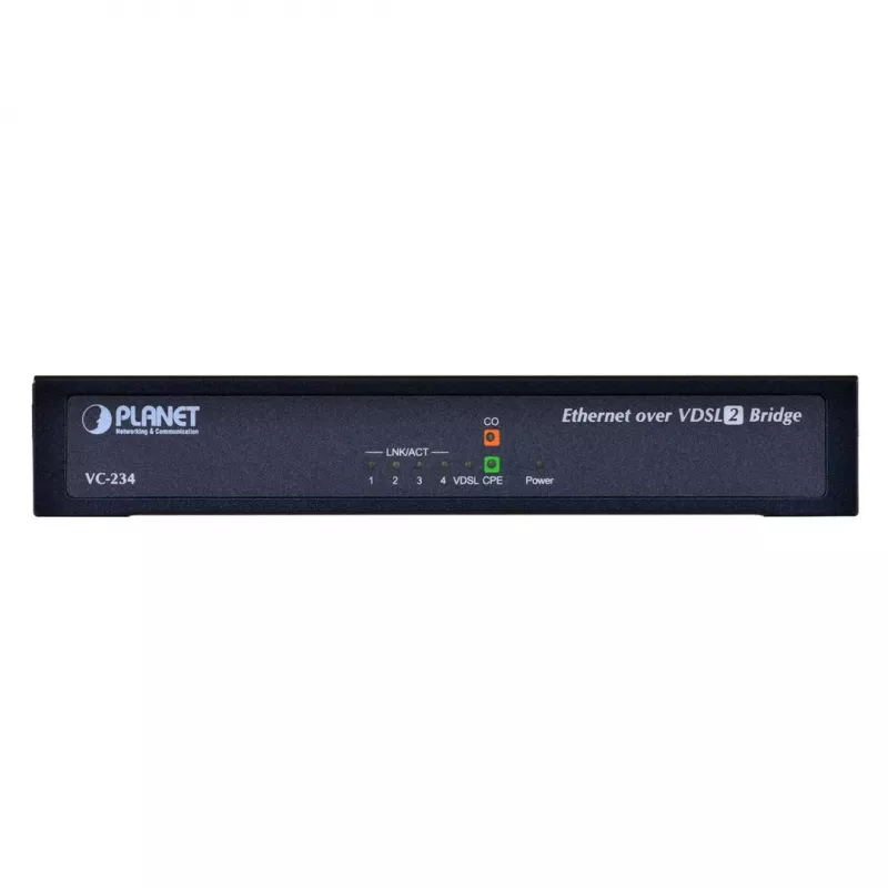 Tinklo tiltas PLANET VC-234 valdomas 4 prievadų Fast Ethernet (10/100) montuojamas į stovą 1U, nuolatinės srovės įvestis, 0,8 Gbit/s komutavimo pajėgumas