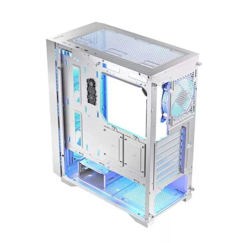 Kompiuterio korpusas LOGIC Dart Pro Midi ARGB baltas — Midi Tower, ATX, 456×200×385 mm, maks. GPU 34 cm, CPU aušintuvo aukštis 155 mm, 3x120mm priekyje + 1x120mm gale, USB 3.0 x2, USB-C x1