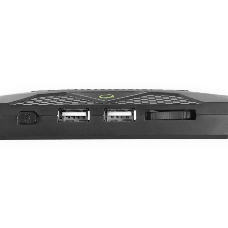 Nešiojamojo kompiuterio aušinimo padėklas ESPERANZA EGC107 — 3 ventiliatoriai 1200–2600 RPM, 390×255×38 mm, USB PD, RGB, 5 aukščio pozicijos, juodas