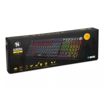 Klaviatūra IBOX AURORA K-6 — pilno dydžio QWERTY, RF belaidė + Bluetooth, RGB apšvietimas, mechaniniai žemo profilio klavišai, juoda
