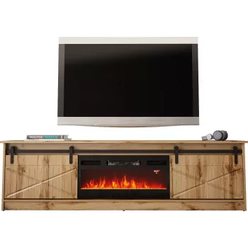 TV cabinet Cama Meble GRANERO su židinio spintele, Wotan ąžuolas, 2000×350×567 mm, 2 durelės, 2 lentynos